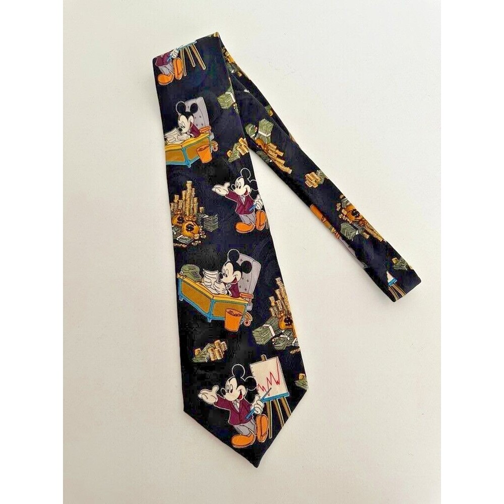 Disney Mickey Mouse Silk Tie Money Office Stock Market Black Workwear Vintage